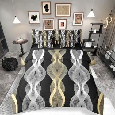 Imagem de Conjunto de edredom listrado 3D, linha geométrica 3D, Queen, prata e ouro, para adolescentes, adultos, decoração de quarto, arte abstrata, listrado, conjunto de lençol com edredom
