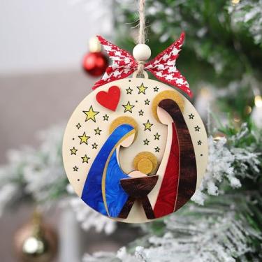 Imagem de Enfeite de Natal para presépio, madeira redonda em camadas 3D de 10 cm – Decoração de árvore "Joy to The World" da Sagrada Família, nascimento de Jesus, presente cristão para família e amigos