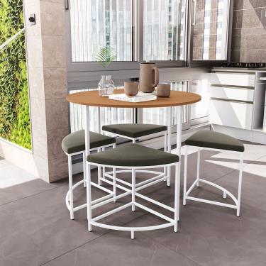 Imagem de Mesa de Jantar Tampo Mdp Redondo 4 Bancos Estofados Canela/Branco Brilho