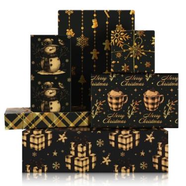 Imagem de Papel de embrulho de Natal preto dourado, 6 folhas de floco de neve, boneco de neve, xadrez, xícara de café, papel de embrulho de presente de inverno e corda de embalagem dourada para Natal, Ano Novo