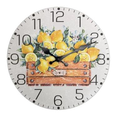Imagem de Relógio de parede moderno e fresco amarelo padrão limão relógio de parede de madeira decoração de casa relógio de quartzo silencioso (sem baterias) decoração de casa (30,5 cm)