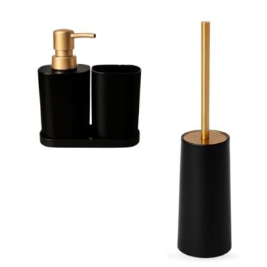 Imagem de Kit Banheiro Preto e Dourado Crie Construa - Dispenser de Sabonete e Porta Escovas de Dentes e Escova Sanitária