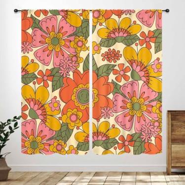 Imagem de Cortinas de flores dos anos 70 para janela de quarto, vintage hippie estética laranja linda flor infantil meninas casa sala de estar banheiro dormitório conjunto de 2 peças, 106 x 150 cm