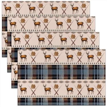 Imagem de Erosebridal Jogo americano asteca conjunto de 4 tapetes de cervo 30 x 45 cm para crianças, meninos, homens, cabana, xadrez, caça, retrô, vida selvagem, azul, marrom, branco, resistente ao calor