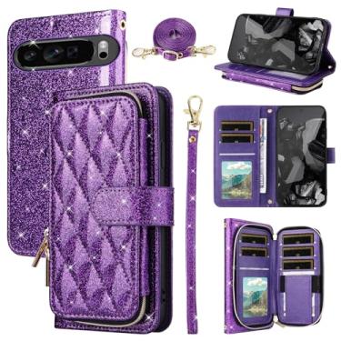 Imagem de Furill Capa carteira para Google Pixel 9 Pro XL com alça de pulso destacável, alça de ombro transversal, 9 compartimentos para cartões, bolsa com zíper, capa de telefone com suporte de couro PU de