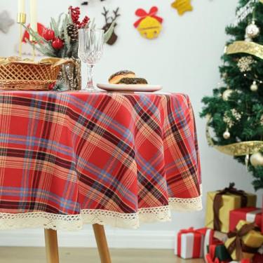 Imagem de Toalha de mesa redonda xadrez xadrez com acabamento em renda, 121 cm, tartã escocês, retrô, country, chique, para inverno, férias, piquenique, cozinha, jantar
