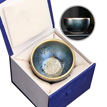 Imagem de Xícara de chá, xícara de chá japonesa de folhas douradas, xícara de Kung Fu de grande capacidade de 120 ml, copo mestre de mudança de forno criativo, pacote de presente (cor: azul, tamanho: 120 g)