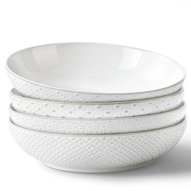 Imagem de Y YHY Tigelas grandes de massa, tigelas de salada em relevo de 1,275 g para servir sopa, macarrão, sobremesa, jantar, pratos profundos de cozinha, tigelas rasas de porcelana de 25 cm, pratos brancos