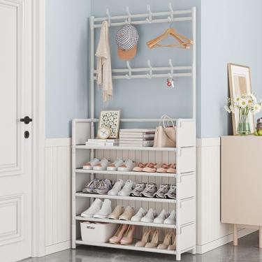 Imagem de Cabide de entrada para casaco e sapateira de 4/5 camadas, suporte para casacos e sapatos, organizador de armazenamento de banco de entrada com 8 ganchos para quarto, corredor, escritório