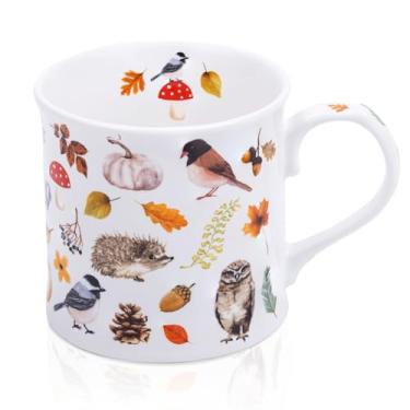 Imagem de Caneca de café Autumn Animals, caneca de 473 ml New Bone China com design de pássaro, ouriço, coruja e abóbora, caneca de chá de cerâmica sazonal de Halloween e outono, presente para amantes da