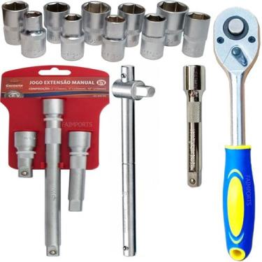 Imagem de Jogo Soquete Sextavado Chave Catraca Extensao Manual Cabo de Força mei