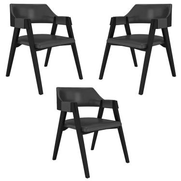 Imagem de Kit 3 Cadeiras Sala de Jantar e Jogos Carteados Madeira Maciça Poker PU Grafite/Preto G42 - Gran Belo