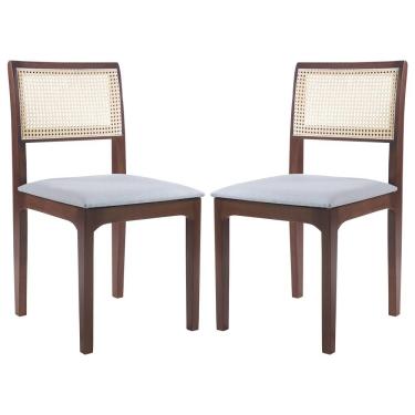 Imagem de Kit 02 Cadeiras Sala de Jantar Madeira Maciça Nivea Tela Rattan Sextavano Linho Cinza/Amêndoa G55 - Gran Belo