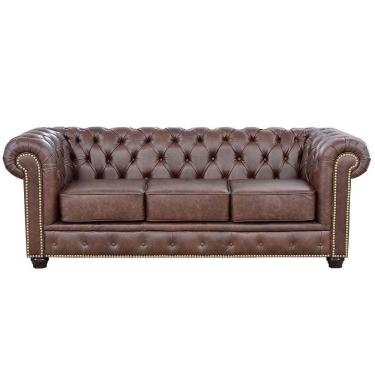 Imagem de Sofá 3 Lugares Sala de Estar 235cm Chesterfield Pés Madeira Couro Tabaco - Gran Belo