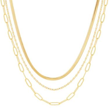 Imagem de Pancert Colar de ouro feminino, banhado a ouro 14 K, gargantilha multicamadas, cobra, cubana, clipe de papel, conjunto de acessórios de corrente cruzada, presente para mulheres, Latão, Sem Pedra