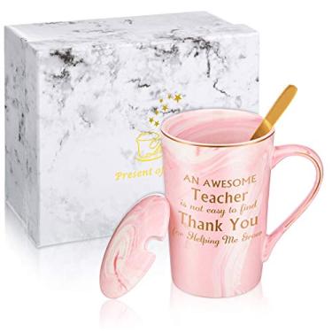 Imagem de Caneca para professor de 2021 Caneca de café incrível Thank You Teacher Cup Gifts, An Awesome Teacher Is Not Easy to Find, Caneca de café de mármore com caixa de presente e colher dourada, lembrança de aniversário de formatura para professor