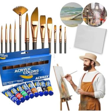 Imagem de Kit Tinta Acrílica Acrilex Com Tela E Pincel Pintura Artística para Pintura