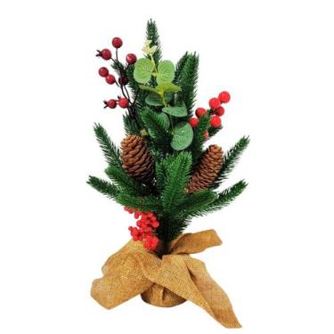 Imagem de Pinheiro Decorativo Luxo Pinhas e Azevinho Base Linho Juta 40cm - Bela