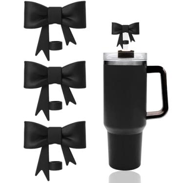 Imagem de 3 peças clássicas de tampas de canudo de laço preto compatíveis com copos Stanley de 30 e 1,134 g, protetores reutilizáveis e fofos de silicone para canudos StanleyCup de 10 mm