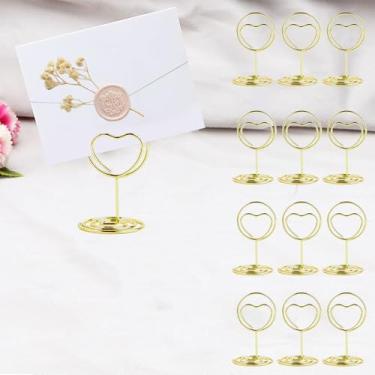 Imagem de 12 porta-números de mesa, porta-cartões de lugar, porta-cartões de mesa pequenos, porta-cartões de visita, porta-fotos de arame para recepção de casamento, festa de aniversário, dourado e coração