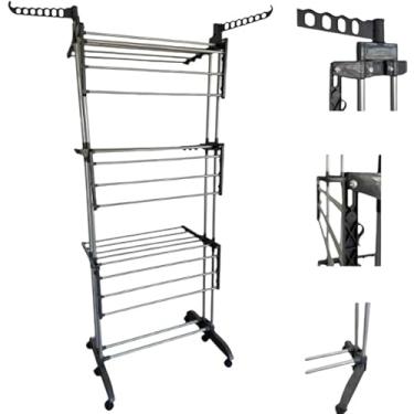 Imagem de Varal de Chão Dobrável com 3 Andares, Estrutura Aço Inox, Bandejas Ajustáveis, Cabideiro Duplo, com Rodízios, para Roupas e Acessórios, Bandejas Dobráveis Multiuso | Dobrável e Reforçado