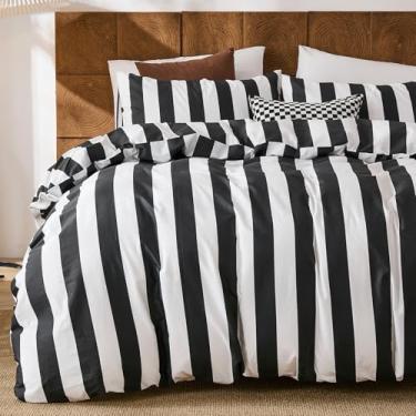 Imagem de Merryword Conjunto de capa de edredom listrado preto e branco tamanho Queen - Conjunto de capa de edredom 100% algodão com fecho de zíper e 8 laços nos cantos, conjunto de cama luxuoso de 3 peças para