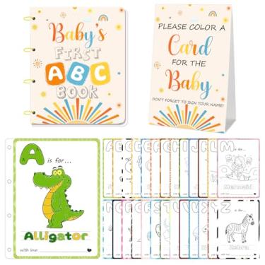 Imagem de Baby's First ABC Book Baby Shower Activity & Keepsake Game, cartões de colorir de animais de A a Z, jogo divertido e interativo de chá de bebê para convidados, alternativa exclusiva de livro de