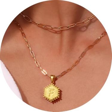 Imagem de Colar feminino com inicial em camadas, aço inoxidável banhado a ouro 18K, pingente de clipe de papel duplo A a Z, conjunto de duas correntes destacáveis, 16.5in/ 14+2in, Aço inoxidável, Sem Pedra