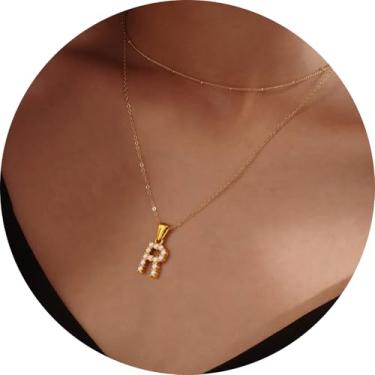 Imagem de Colar feminino com inicial CZ em camadas, pingente delicado de letra A a Z, joia banhada a ouro de corrente dupla, presente personalizado, 14+2in/16+2in, Aço inoxidável, Sem Pedra Preciosa