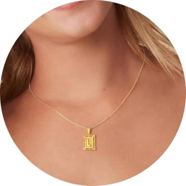 Imagem de Colar com letra inicial para mulheres, aço inoxidável banhado a ouro 18K, pingente retangular A–Z, corrente de 50,8 cm, 20in, Aço inoxidável, Sem Pedra Preciosa