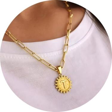 Imagem de Colar com inicial para mulheres, colar com pingente de letra, corrente de clipe de papel, joia de monograma, moeda do alfabeto, pronto em camadas, 14+2in, Aço inoxidável, Sem Pedra Preciosa