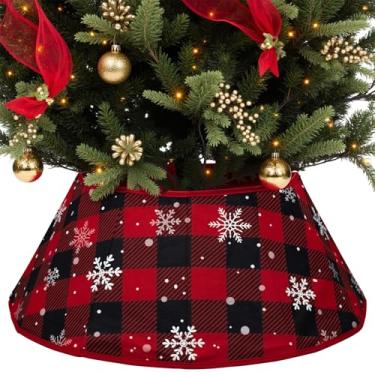 Imagem de Gola para árvore de Natal – 65 cm x 24,9 cm com padrão de saia/base, capa de suporte de árvore de Natal xadrez vermelho dobrável para decoração de festa de ano novo