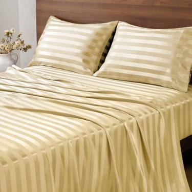 Imagem de BEDELITE Lençóis de cetim Queen, luxuoso jacquard listrado champanhe com alças elásticas no canto, semelhante ao conjunto de lençóis de seda, 4 peças com 1 lençol com elástico profundo, 1 lençol de