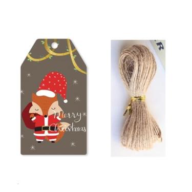 Imagem de 50 etiquetas de presente de papel de Natal com cordas, etiquetas de presente de papel de feliz Natal de 6,9 cm x 4,1 cm, etiquetas de presente com corda para lembrancinhas de festa, sacos pendurados