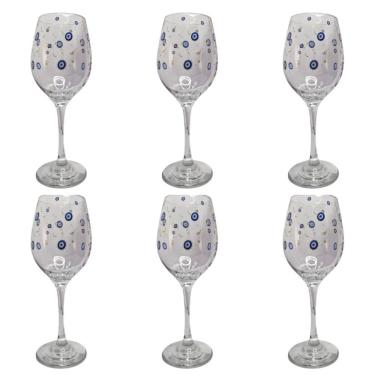 Imagem de Kit 6 Taças De Vidro Grande 490Ml Vinho Água Olho Grego