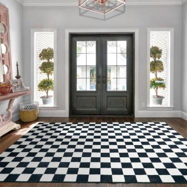 Imagem de Tapetes vintage quadriculados para sala de estar, 12 x 18 cm, tapete geométrico, lavável, ultrafino, boêmio, preto e branco, fofo, retrô, estético, funky, para cozinha, quarto, dormitório, entrada