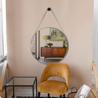 Imagem de Espelho Decorativo Adnet Redondo 40cm Diâmetro Café com Alça em Couro Cor Café e Pino de Suporte de Fixação na Parede para Banheiro Quarto Sala