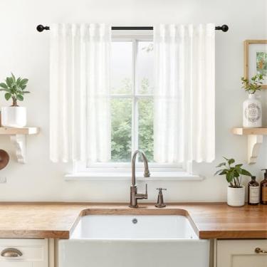 Imagem de YoungsTex Cortinas semitransparentes de linho para janelas de cozinha – cortinas curtas de filtragem de luz com aba traseira de bolso para varão para janela de banheiro de café sobre a pia, branca, 2