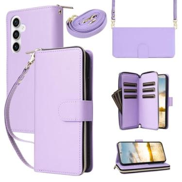 Imagem de Capa carteira para Samsung Galaxy A25 5G com cordão ajustável e alça de pulso - Couro sintético durável e TPU, 9 compartimentos para cartão, fecho magnético, suporte, capa de proteção total à prova de