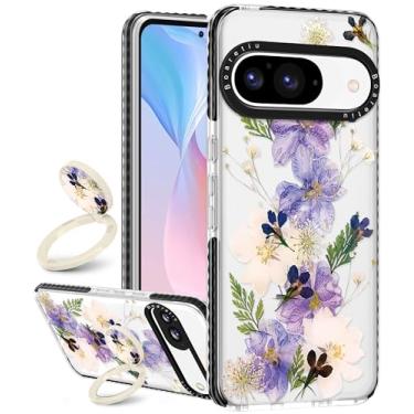 Imagem de Boaretiu Capa fofa Kawaii para Google Pixel 9/9Pro com suporte - Design de suporte de anel giratório adesivo de 360° para mulheres meninas femininas para Google Pixel 9/9Pro, flor roxa