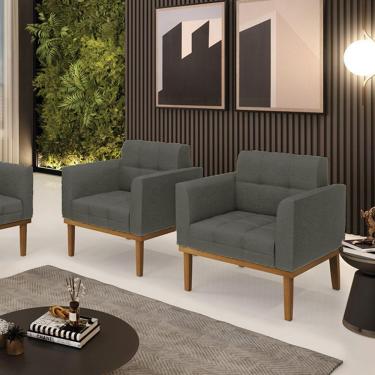 Imagem de Kit 2 Poltronas Decorativas Pés Fixo Em Madeira Castanho Linho Cinza Mesclado