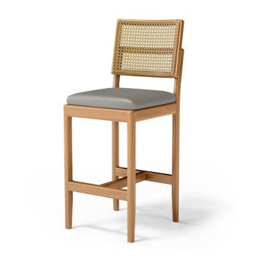 Imagem de Banqueta Milena Madeira Maciça Assento Estofado Encosto De Tela Palha Sextavada Veludo Chumbo 109