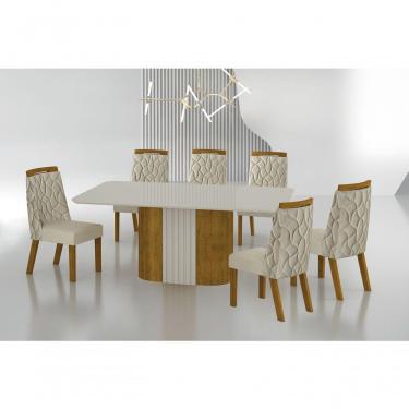 Imagem de Conjunto Sala De Jantar Mesa Com Vidro 180cm Com 6 Cadeiras Pé Madeira Dacota Freijó Off White/off White/joli Palha
