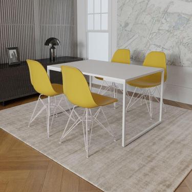 Imagem de Mesa Industrial Base Ferro Branco Tampo 137X90 Branco 4 Cadeiras Ferro Branco Assento Amarelo Branco