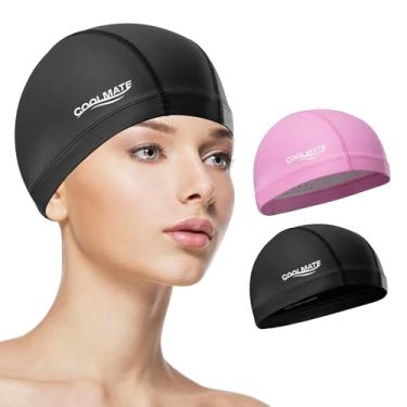 Imagem de COOLMATE Pacote com 2 toucas de natação de tecido para mulheres adultas e homens, camada de silicone resistente à água, touca de natação de tecido presentes para nadadoras, leve e confortável (2 peças