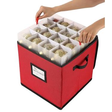 Imagem de Sattiyrch Caixa de armazenamento de enfeites de Natal, 4 bandejas com divisórias personalizáveis, lona, à prova de poeira, dobrável, comporta enfeites de até 162 x 6,8 cm, alças duplas, para