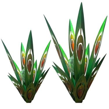 Imagem de Jesokiibo 2 peças de escultura de tequila planta de agave de metal decoração de casa rústica estatuetas pintadas à mão decorações de quintal ornamentos de gramado (LED multicolorido solar verde claro
