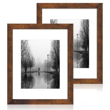 Imagem de iRahmen Conjunto de 2 porta-retratos 28 x 35 com vidro temperado de alta definição, moldura de madeira para exibição de fotos 20 x 25 com tapete ou 28 x 35 sem tapete para montagem na parede