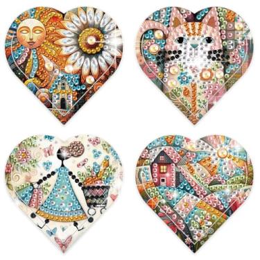 Imagem de SHEGZHUC 4 peças de pintura de diamante 5D em forma de coração marcador de página sol de gato, kits de arte de diamante para adultos, marcadores de página faça você mesmo, flores de casa, brocas de