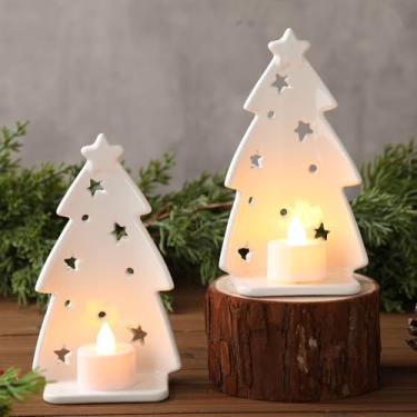 Imagem de Yungyan 2 peças de suporte de vela de árvore de Natal de cerâmica, castiçal votivo branco silhueta de árvore de Natal para luz de chá velas cônicas mesa centro de mesa lareira decoração de lareira